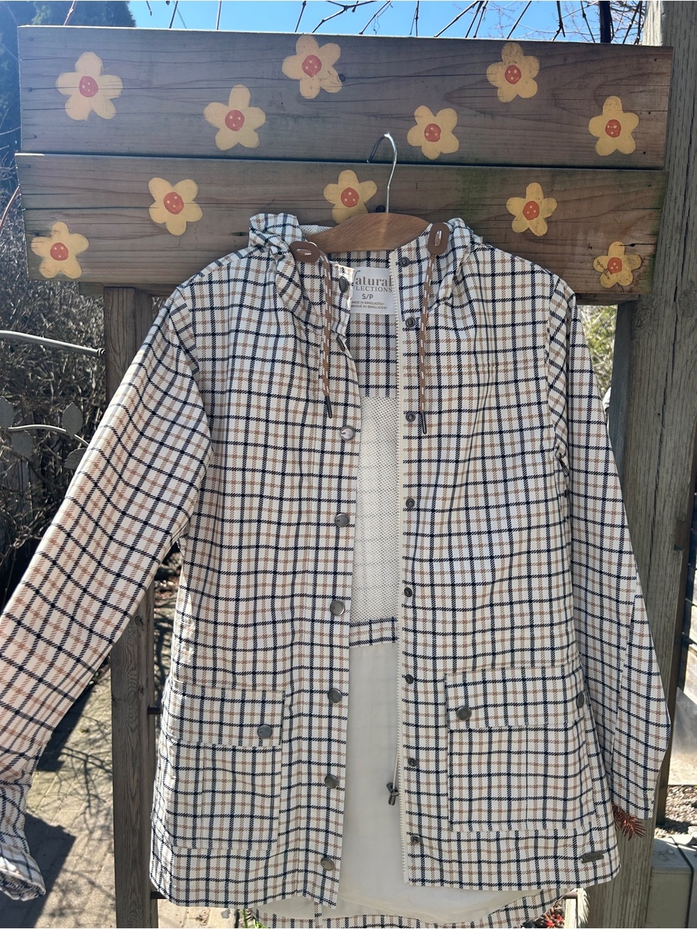 Natural Reflections Plaid Hooded Jacket in Cream, Navy & Brown